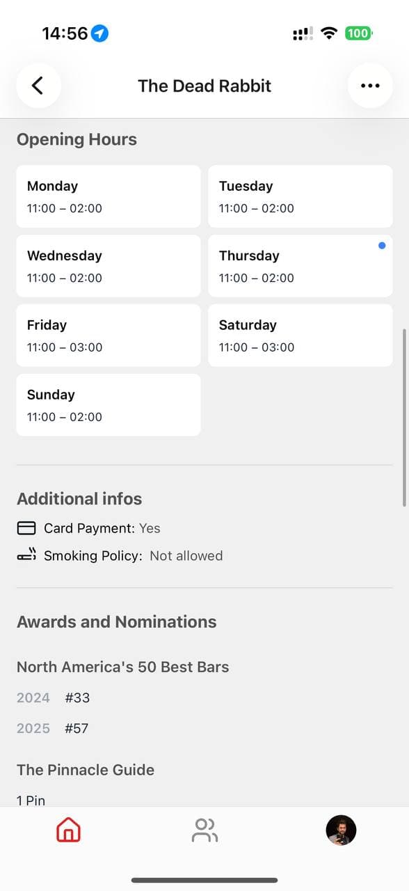App screenshot — bar information